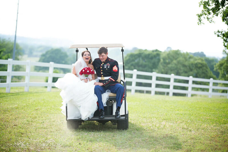 bride and groom on golf course