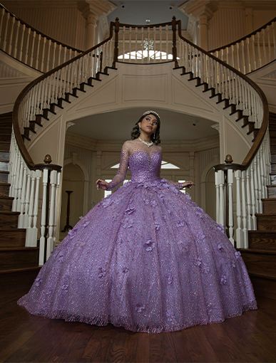 girl inside mansion in her purple Quinceañera dress